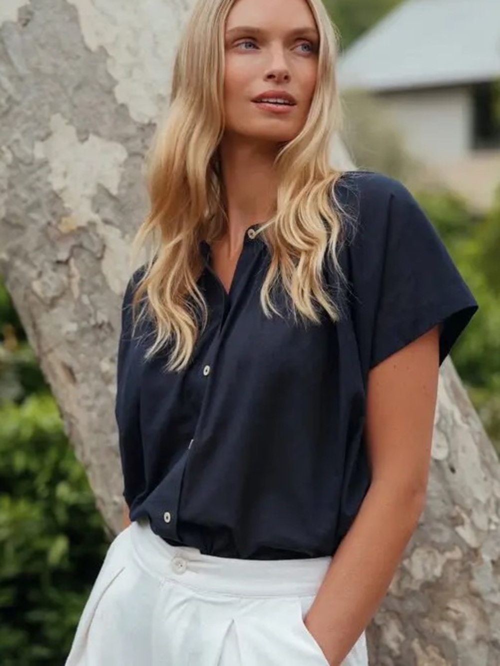 Jenni Kayne Navy Gathered Cotton Linen Button Front Blouse XS